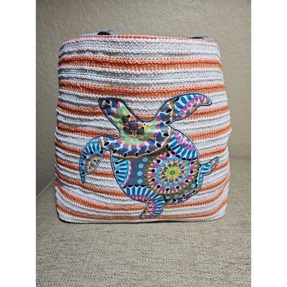 Vera Bradley Sunny Medallion Turtle  Orange Stripe Straw Tote Beach Bag NWOT - Picture 1 of 11